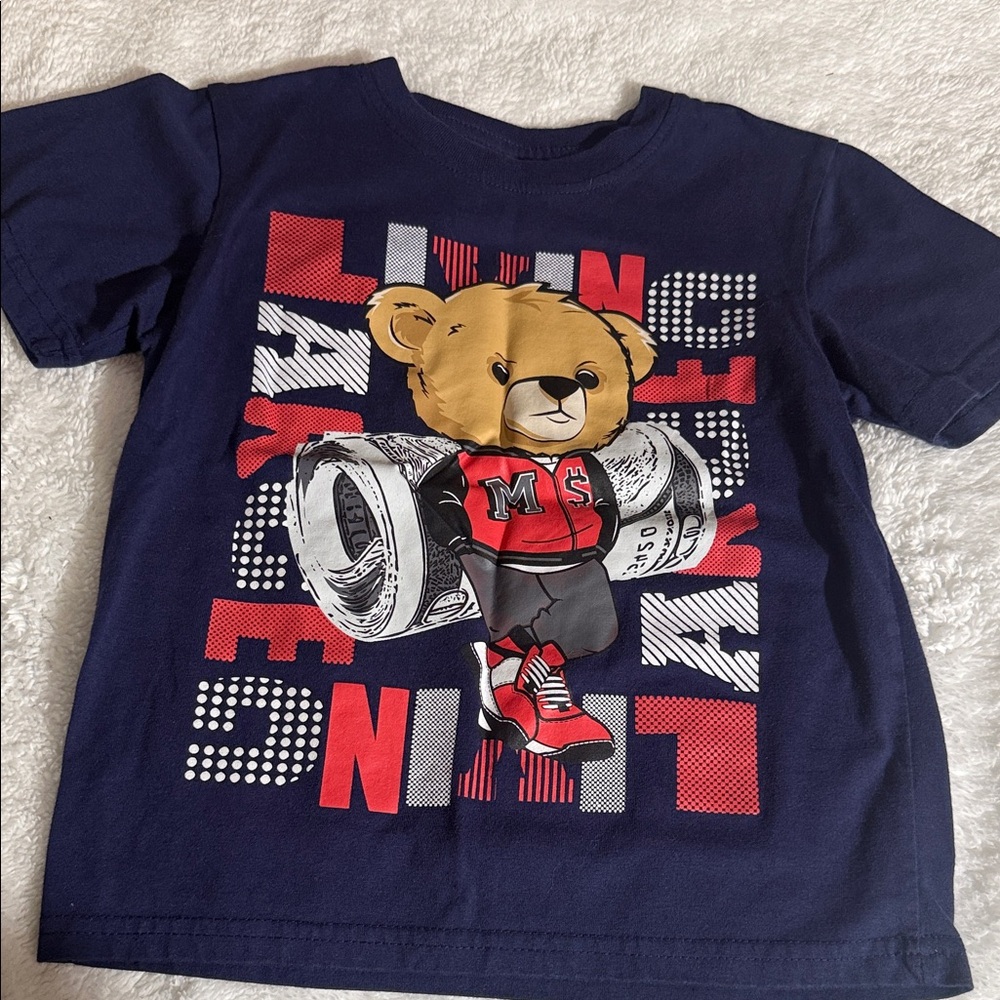 Navy Kids Bear Graphic Tee with Red Accents